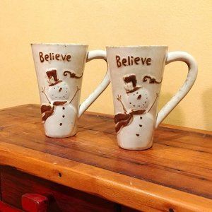 Set/Pair of Bella Casa Ganz Christmas Holiday Snowman Stoneware Coffee Mugs